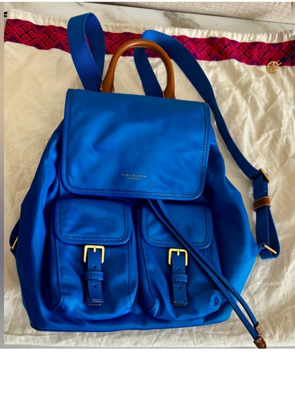Tory Burch Perry Blue Nylon Backpack Leather Trim Gold Hardware NWOT - Picture 13 of 16